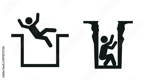 Two warning signs depict a person falling and another attempting to escape a hole silhouette