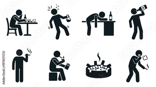 Stick figures depict stages of intoxication from drinking to illness in black silhouette