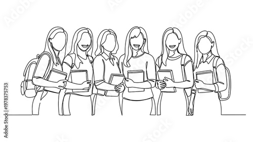 Continuous line drawing of diverse group of young women with backpacks. Continuous line style. Hand drawn. Line art. Vector design. illustration