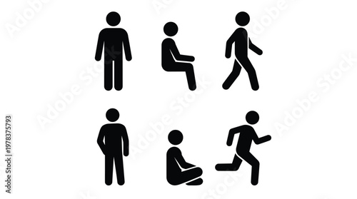 Obraz na plátně Six simple black figures depict various human poses and actions silhouette