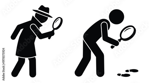Two detectives investigate footprints with magnifying glasses a striking black silhouette