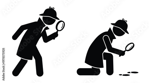 Two detectives investigate a scene with magnifying glasses a striking silhouette