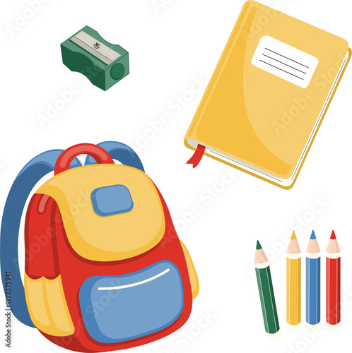 Set of School Supplies and Office Stationary. Illustration of Notebook, School Bag Backpack, Colored Pencils and Pencil Sharpener. Element Object for Education, Study, Work or Business