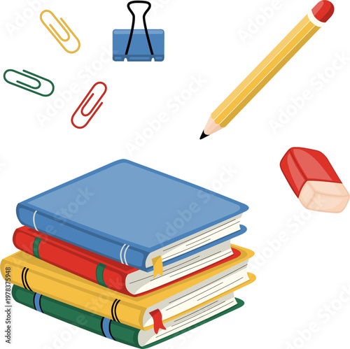 Set of School Supplies and Office Stationary. Illustration of Book Stack, Wooden Pencil, Eraser, Binder Clip and Paper Clip. Element Object for Education, Study, Work or Business.