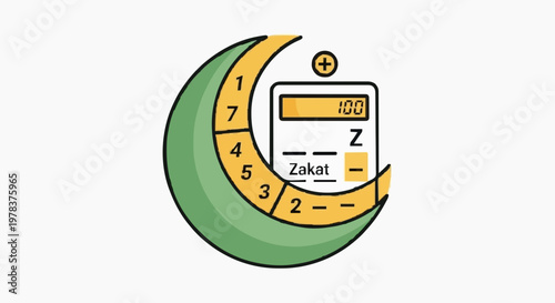 Islamic concept of Zakat calculation represented by a crescent moon and a calculator with 'Zakat' displayed