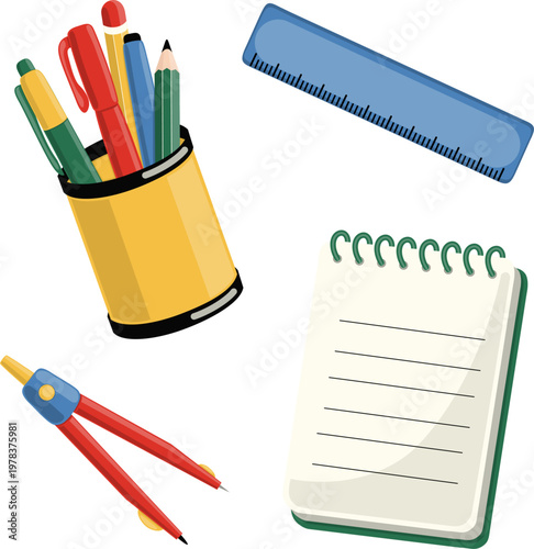Set of School Supplies and Office Stationary. Illustration of Pencils Holder, Ruler, Pair of Compasses and Memo Book Notepad. Element Object for Education, Study, Work or Business