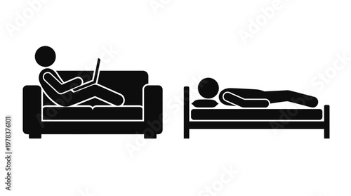 A person uses a laptop on a sofa while another relaxes in bed a silhouette