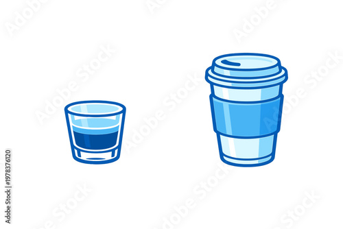 A blue vector illustration featuring a small shot glass and a large