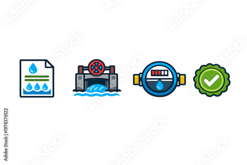 A set of four flat vector icons related to water management