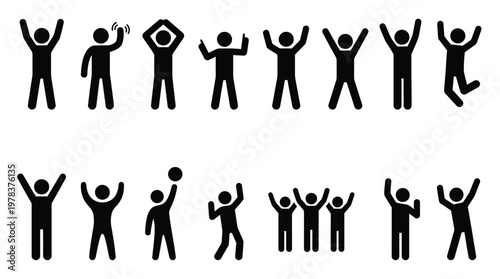 A collection of stick figure silhouettes depicting various joyful and energetic poses