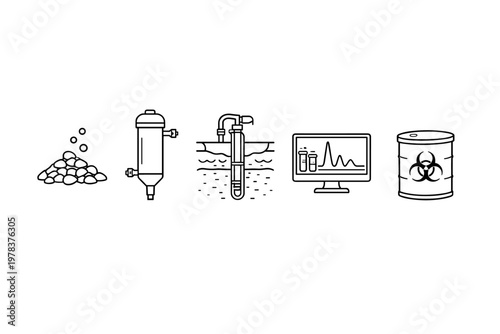 A set of five minimalist black and white line art icons representing