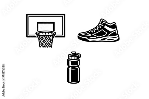 Black and white vector illustration set featuring basketball