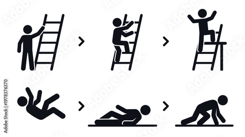 A progression of figures climbing and falling from ladders depicted as a silhouette
