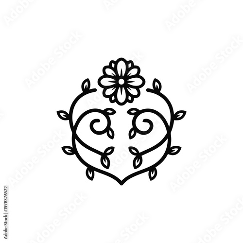 Flower ornament with swirling vines serves as an elegant decorative motif for wedding stationery or vintage-themed branding layouts.