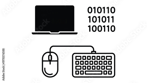 Digital Data and Computing Elements: An illustrative representation of modern computing, showcasing a laptop, keyboard, mouse, and binary code, representing the essence of digital information.