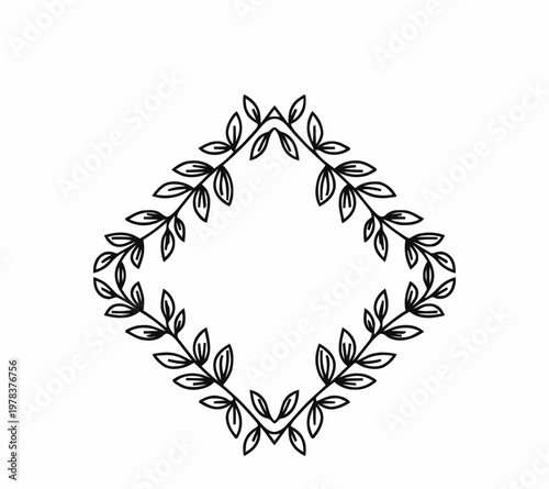 Leaves frame creates a diamond shaped border composed of intricate botanical foliage in black ink style.