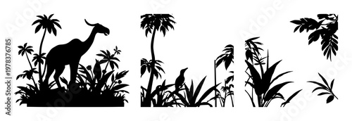 Jungle set with black silhouette shapes against white background featuring tropical foliage, exotic animals, dense canopy with minimalist line art and silhouette