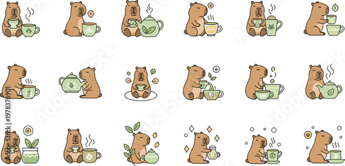 Cute bear tea illustration collection vector set featuring adorable cartoon bears with cups teapots and cozy moments isolated on transparent background