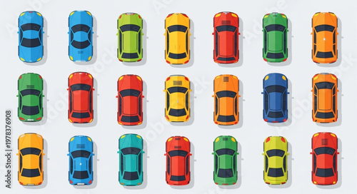 Collection of colorful toy cars arranged in rows.