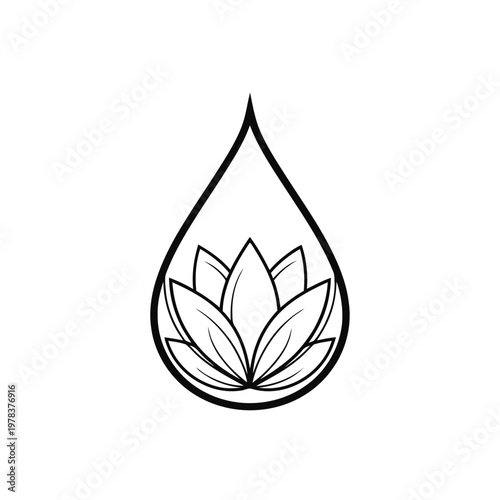 Water drop icon encapsulates a detailed floral bloom to symbolize natural purity and organic skincare ingredients.