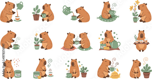 Cute bear tea time collection vector set featuring adorable cartoon bears drinking tea watering plants and relaxing in cozy scenes isolated background