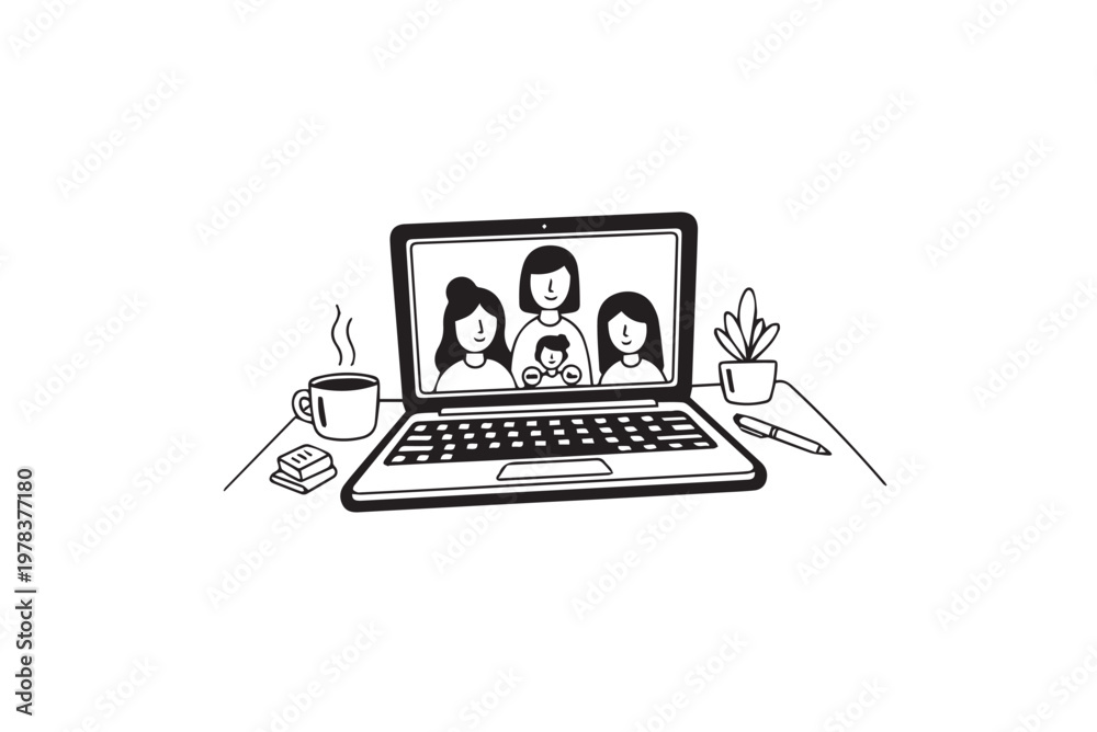Fototapeta premium Family Video Call on Laptop Screen Connecting Parents and Children – Online Communication Illustration for Remote Work, Social Media, and Digital Lifestyle Content