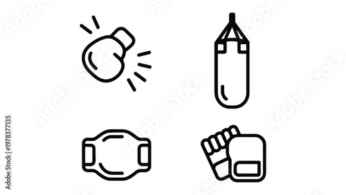 Boxing Icons: A collection of meticulously crafted boxing icons. Featuring boxing glove, punching bag, championship belt, and focus mitts, these icons are perfect to represent the sport.