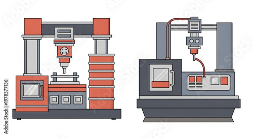 Two industrial manufacturing machines with digital displays and robotic arms.