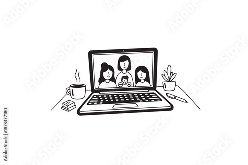 Family Video Call on Laptop Screen Connecting Parents and Children – Online Communication Illustration for Remote Work, Social Media, and Digital Lifestyle Content