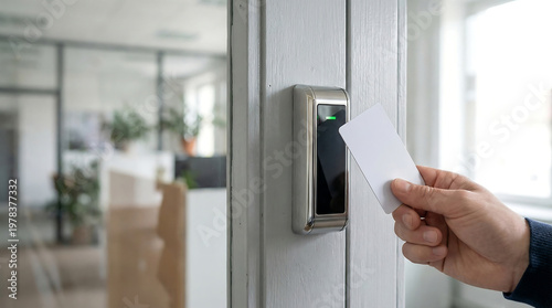 Hand holding blank keycard for office access system and electronic security identification