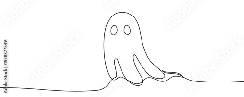 Illustration of a cute ghost silhouette, made in one continuous line. Minimalist spooky character drawing with a black stroke on a white background, vector illustration.