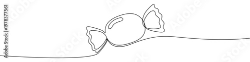 Illustration of a sweet candy in wrapper, made in one continuous line. Minimalist sugar dessert drawing with a black stroke on a white background, vector illustration.