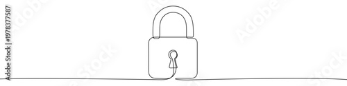 Illustration of a closed metal padlock, made in one continuous line. Minimalist security and privacy drawing with a black stroke on a white background, vector illustration.
