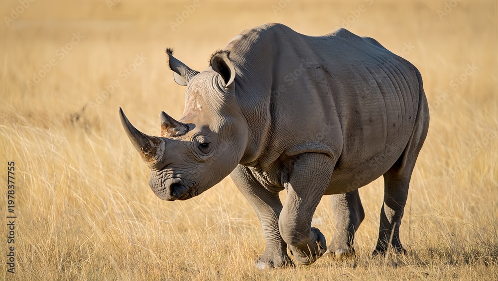 Fototapeta premium Black rhinoceros in African savanna, endangered species concept