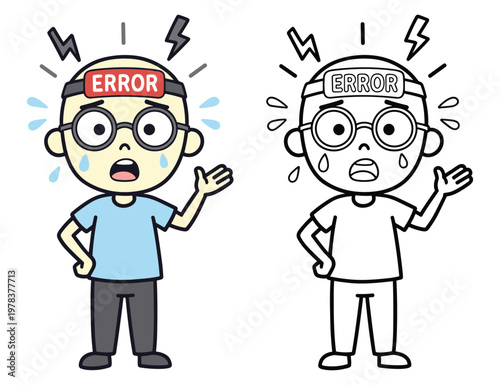 Stressed man with error headband and lightning bolts for mental health awareness concept.