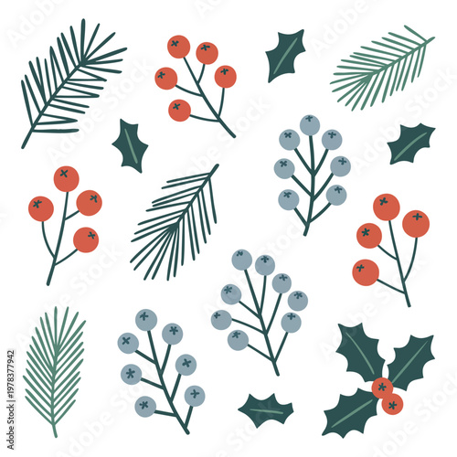 Set of flat floral and leaf in green red blue and white colors flat floral leaf green leaves