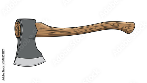 Traditional woodcutting axe with a sharp metal blade and a curved wooden handle isolated on a white background.