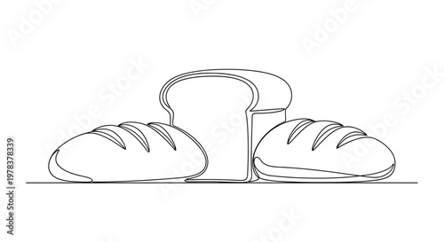 Artistic Line Drawing of Freshly Baked Bread Loaves and Sliced Bread