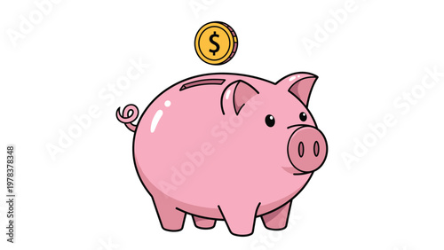 Pink piggy bank illustration shows a gold dollar coin being deposited into the slot on a plain white background.