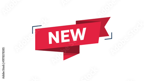 Red folded ribbon banner displays the word new in bold white lettering against a simple white background for promotion.