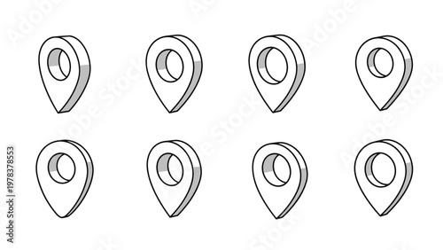Set of eight isometric location pin icons in grey and white provides a useful resource for mapping and navigation.