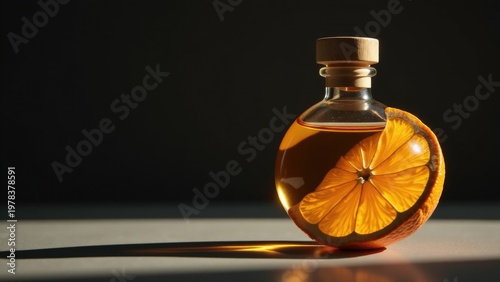 A bottle of liquid with a slice of orange