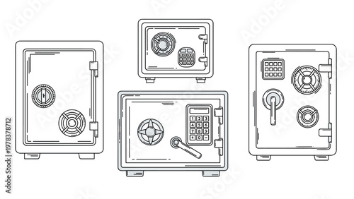 Four different bank safe designs in outline style show various security mechanisms including dial and keypad locks.