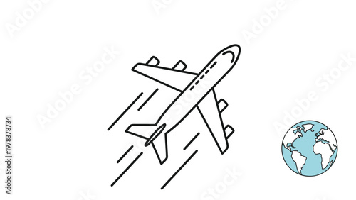 Commercial airplane flying upwards with motion lines is shown next to a small blue and white globe icon.