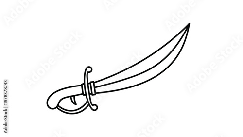Simple black outline drawing of a curved scimitar sword illustrates a traditional bladed weapon on white background.