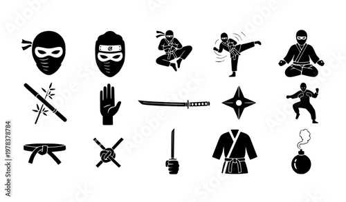 Ninja and martial arts silhouette icons collection with fighting poses and traditional weapons