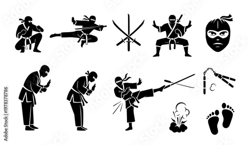 Black ninja and martial arts silhouette vector icons with fighting poses and weapon symbols