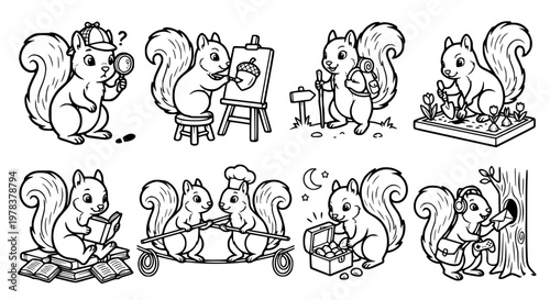 Adorable chipmunk vector collection featuring funny cartoon chipmunks doing different activities.