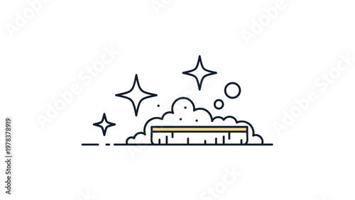 Scrubbing brush illustration features fluffy soap suds and glowing sparkles to represent a clean and hygienic surface.