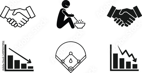 Business Agreement, Charity Support and Economic Decline Icon Set Featuring Handshake, Donation Help, and Downward Graph Symbols for Finance and Analytics Design